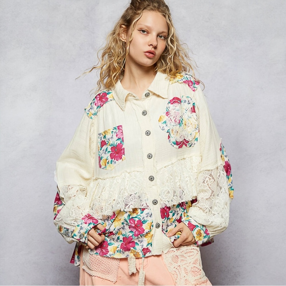 Balloon Sleeve Double Gauze Floral Jacket Natural Cream